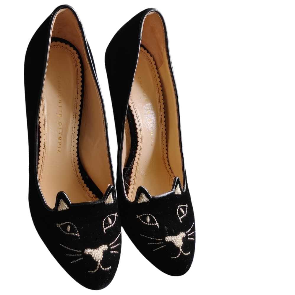 Charlotte Olympia Black Embroidered Velvet Kitty Cat Pumps Size 39 1/2 - Picture 5 of 11